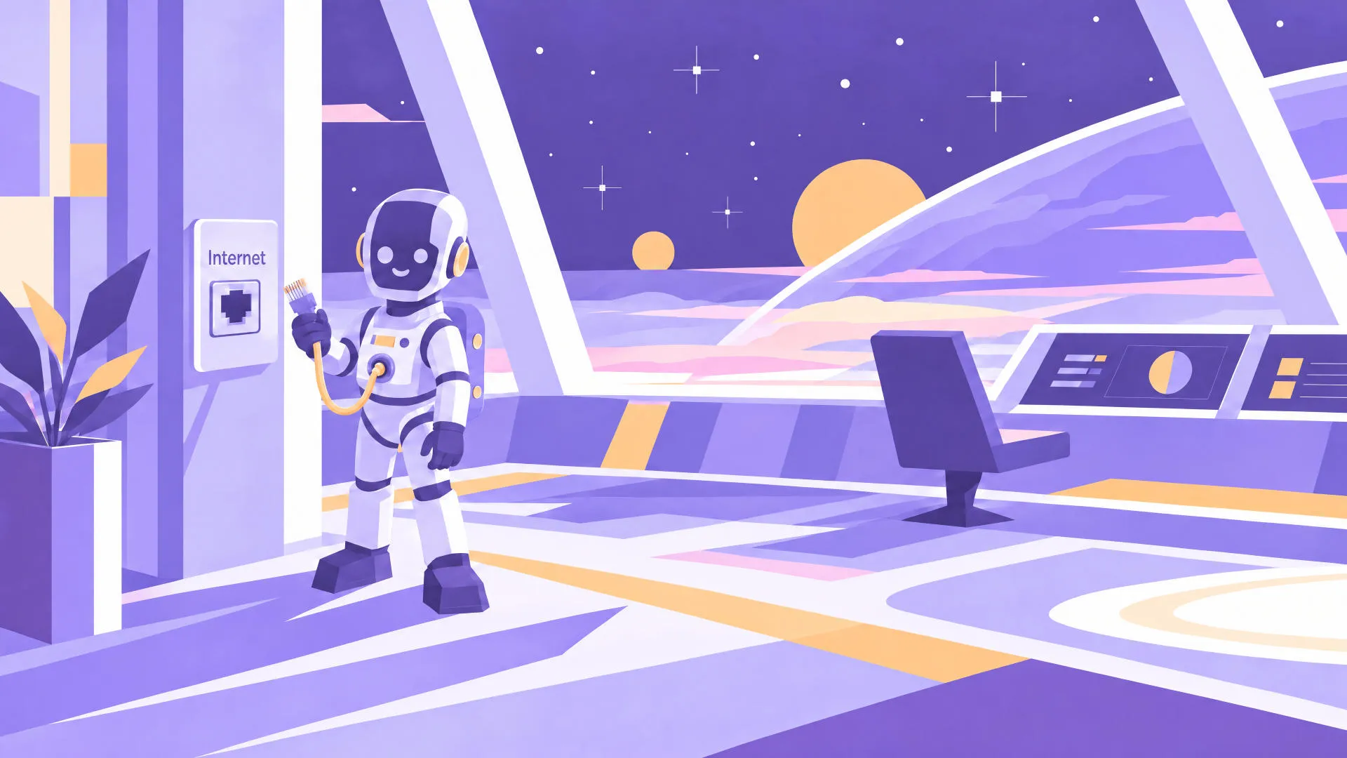 Roboter an enger Statioun hält e Netzwierkkabel nieft enger Steckdous mat der Opschrëft Internet